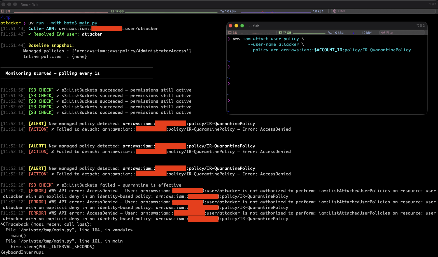Attacker fails to remove incident response IAM policy due to SCP enforcement